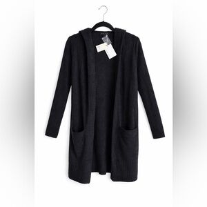 Barefoot Dreams CozyChic Lite Black Hooded Cardigan Open Front Soft Knit XS